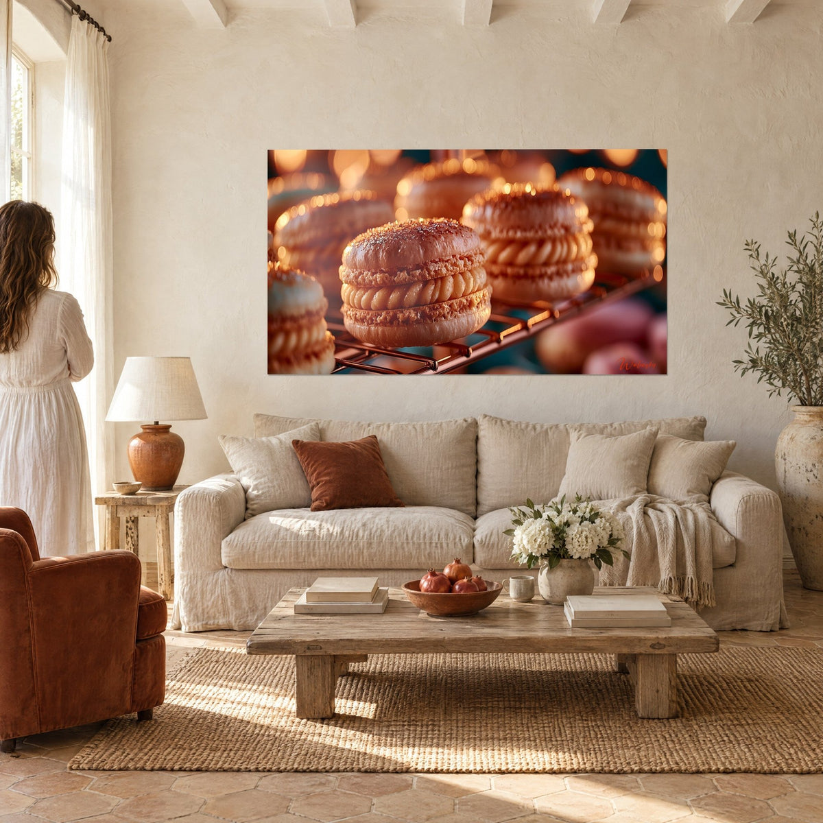 Cuadro Macarón gigante de caramelo sobre rejilla de cobre, bokeh dorado, mujer de espaldas, encima de un sofá en un salón luminoso