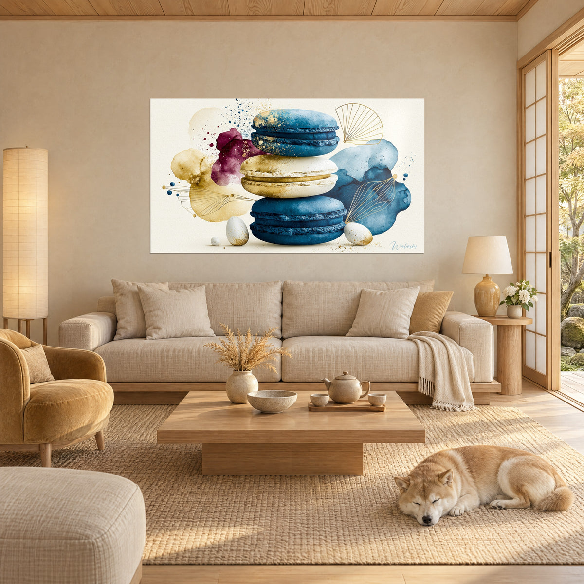 Gemälde mit drei gestapelten Macarons, königsblau und cremegold, bordeauxrote Spritzer, liegender Shiba über einem Sofa in einem hellen Wohnzimmer