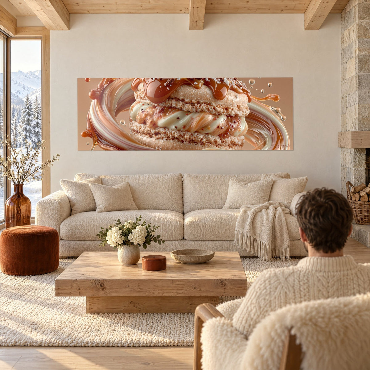 Cuadro macarrón beige bañado en caramelo brillante, remolino marfil y cobre, sobre un sofá en un salón luminoso