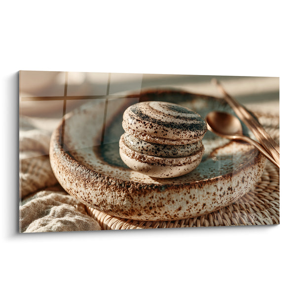 Cuadro Macarón beig y marrón sobre plato texturizado - Pausa dorada deliciosa - Edición Macarón