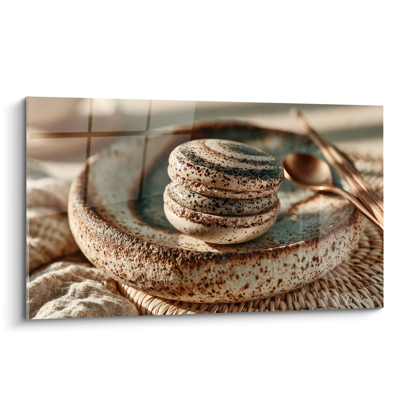 Tableau Macaron beige et brun sur assiette texturée - Pause gourmande dorée - Edition Macaron