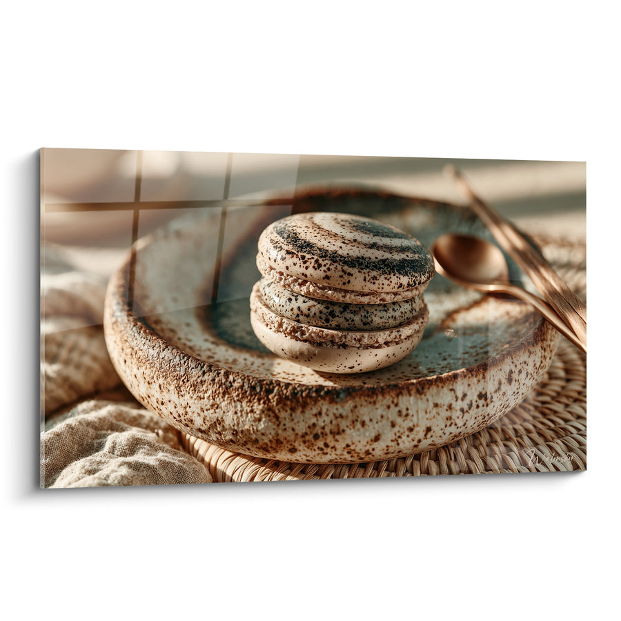 Tableau Macaron beige et brun sur assiette texturée - Pause gourmande dorée - Edition Macaron