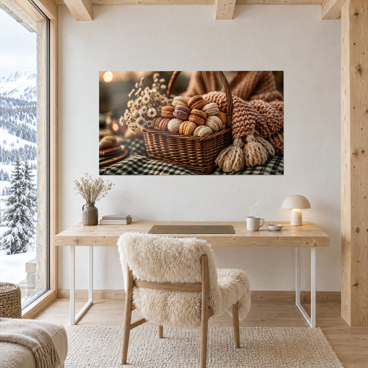 Schilderij gouden en mauve macarons in een bruine rieten mand, boeketje kleine margrieten, roze-beige deken, aan de muur van een chalet-studeerkamer