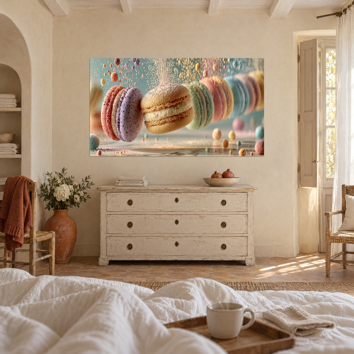 Wall art of a cascading treat, golden macaron dusted with icing sugar, turquoise and coral shells, above a bed in a bright bedroom