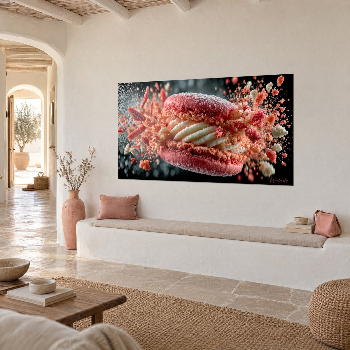 Tableau gourmandise explosive aux coques corail et crème ivoire, éclats projetés, vue de trois-quarts dans une maison méditerranéenne