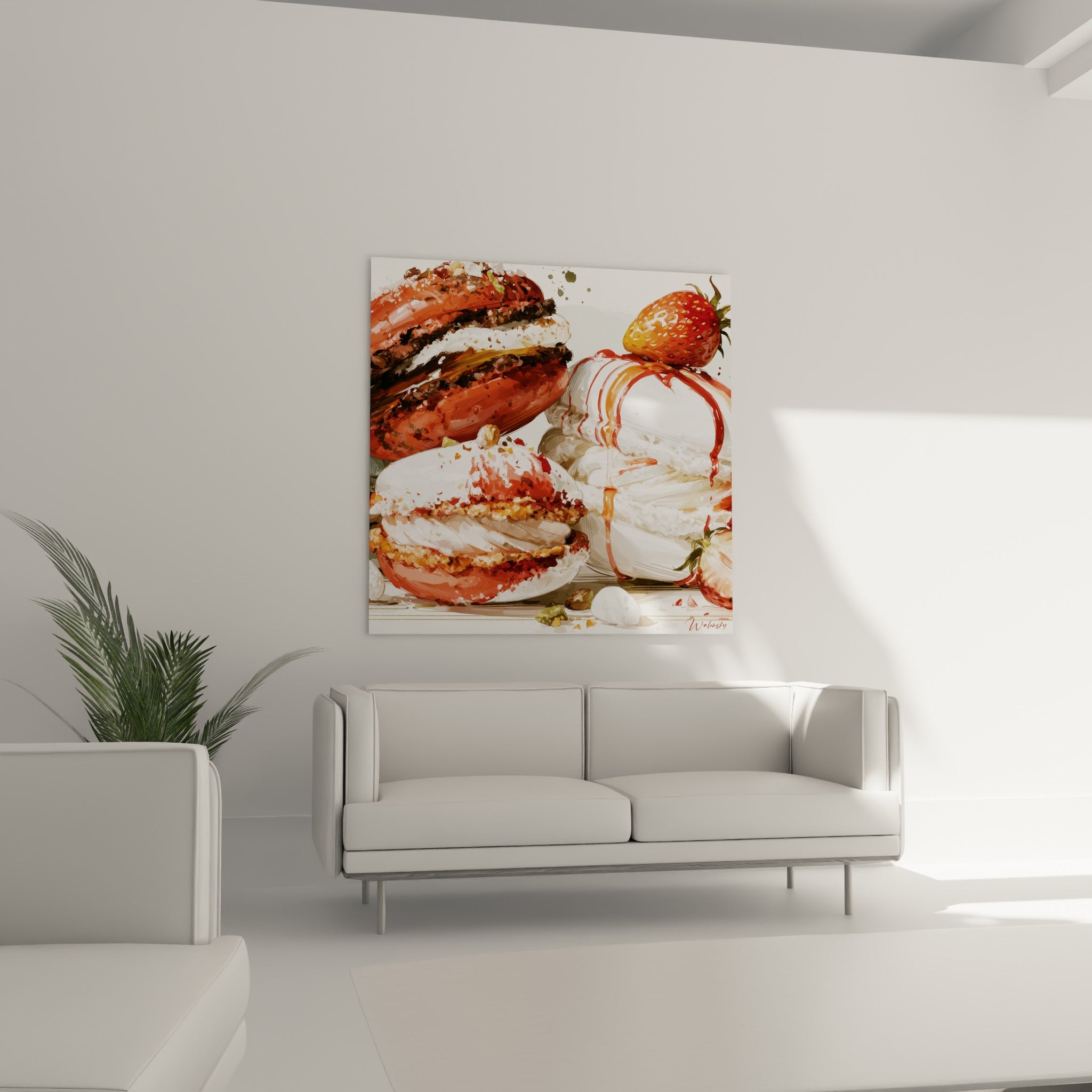 Macarons chocolat, blanc crème et coulis caramel accrochés au-dessus d'un canapé dans un salon lumineux