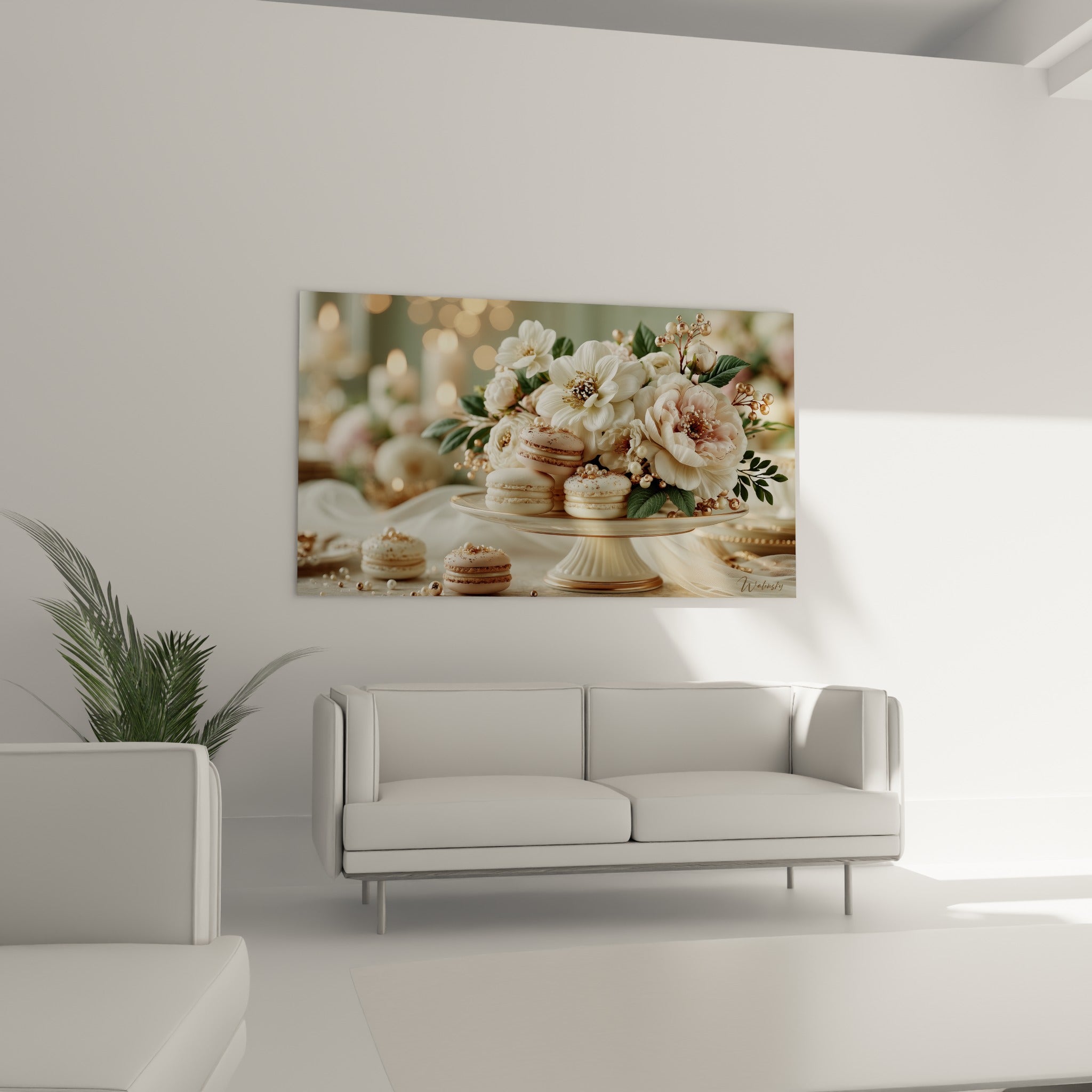 Présentoir garni de macarons blancs et roses parmi des pétales ivoire, au-dessus d'un canapé dans un salon lumineux