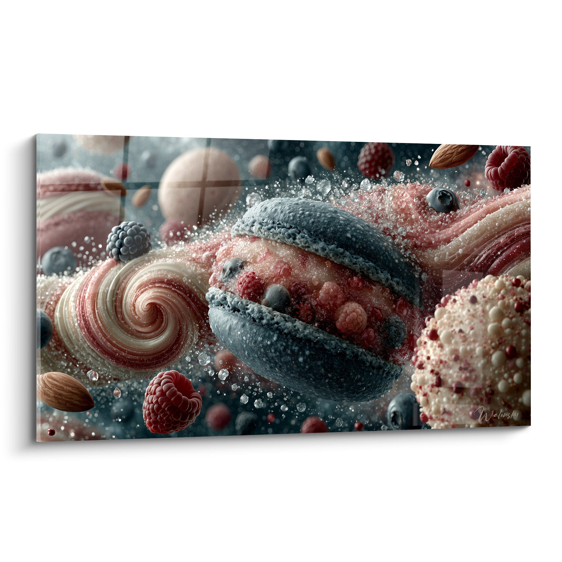 Macaron bleu ardoise entouré de framboises et myrtilles givrées sur fond sombre texturé