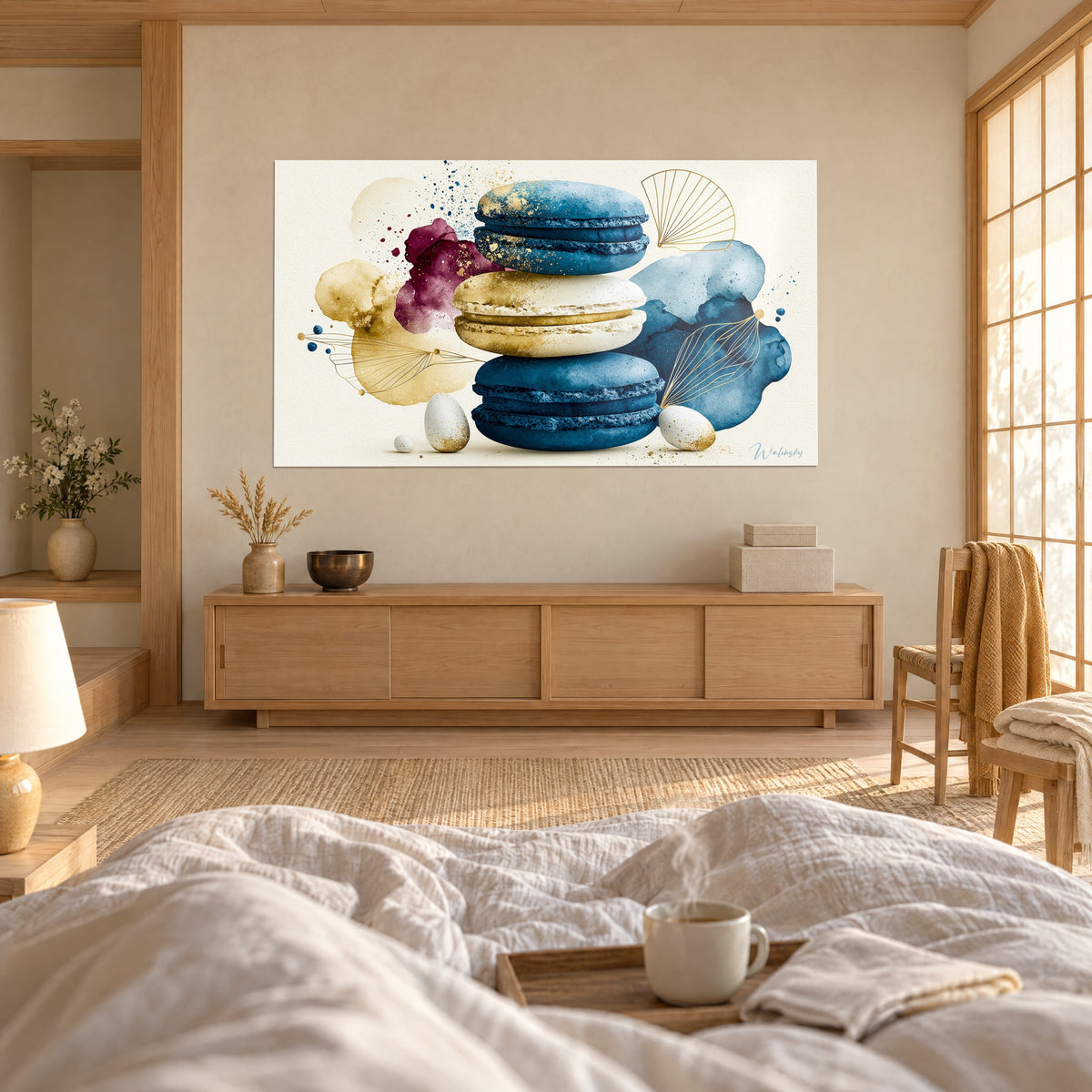 Gemälde mit drei Macarons in Marineblau und Creme, bordeauxrote und ockerfarbene Aquarelle, Person von hinten, über einem Bett in einem hellen Schlafzimmer