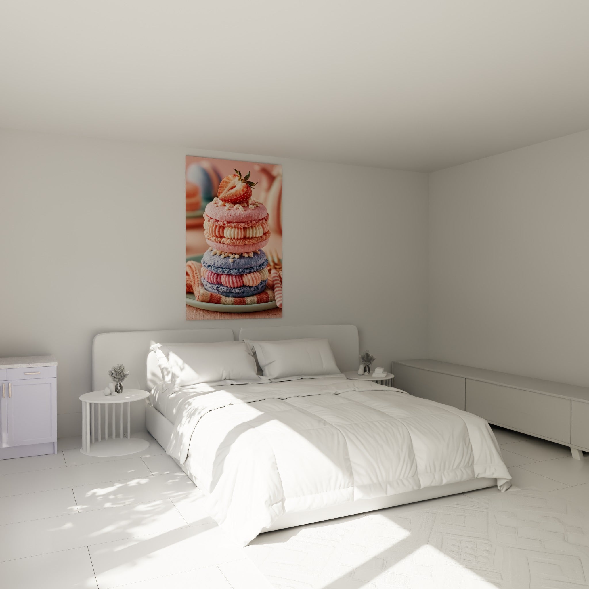 Macarons pastel roses et bleus empilés, accrochés au-dessus d'un lit dans une chambre claire