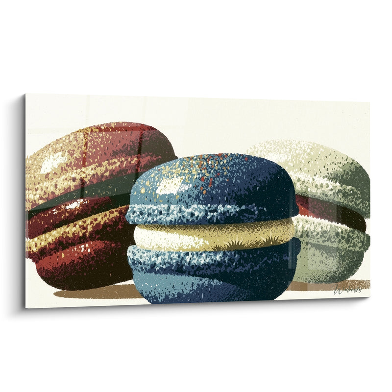 Tableau Macaron bleu et bordeaux aux coques granuleuses - Texture pointillée graphique - Edition Macaron