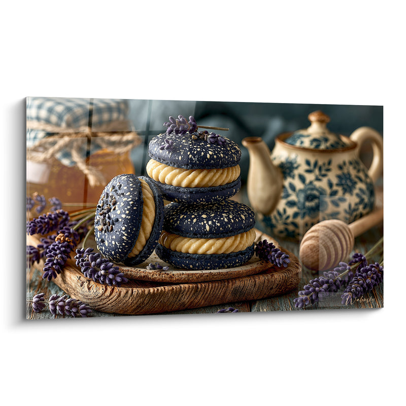 Tableau Macaron indigo et crème sur planche en bois - Théière fleurie et miel - Edition Macaron