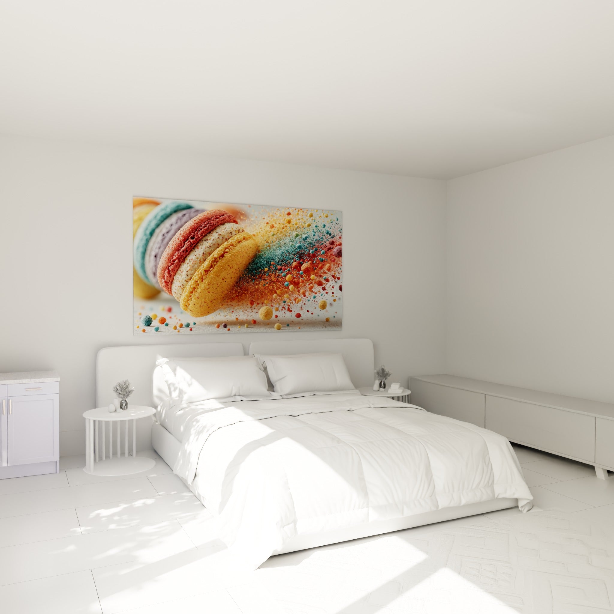 Explosion de macaron corail et bleu pastel au-dessus d'un lit dans une chambre claire