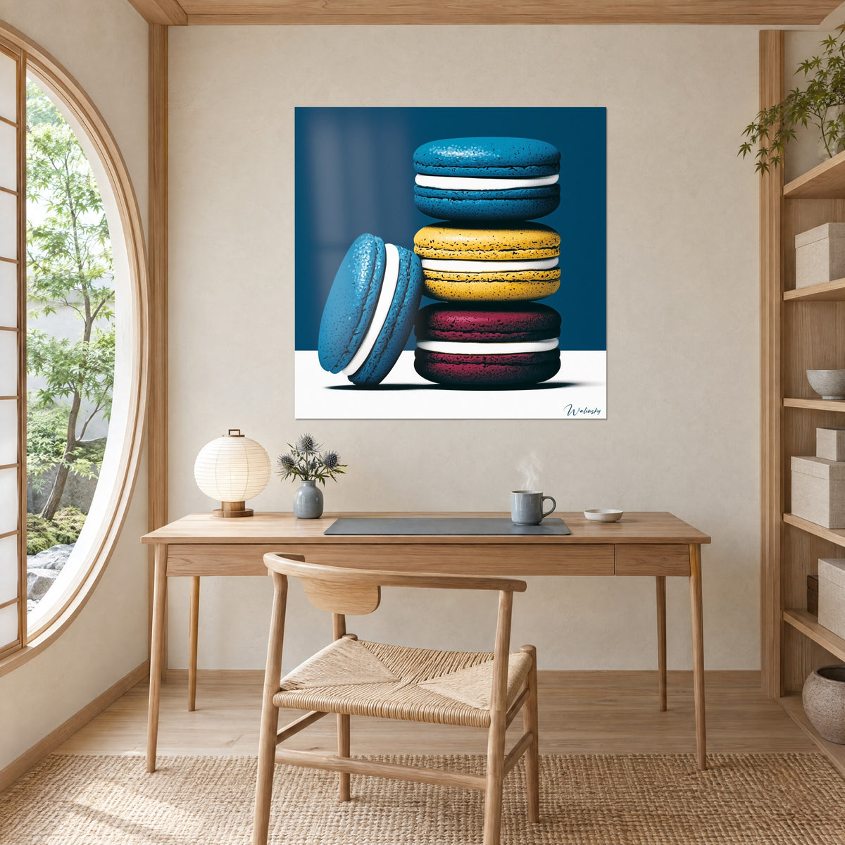 Πίνακας μπλε macaron γερμένο πάνω σε στοίβα κίτρινου και μπορντό, φόντο σκούρου μπλε και λευκό δάπεδο, κρεμ τοίχος γραφείου από ανοιχτόχρωμο ξύλο