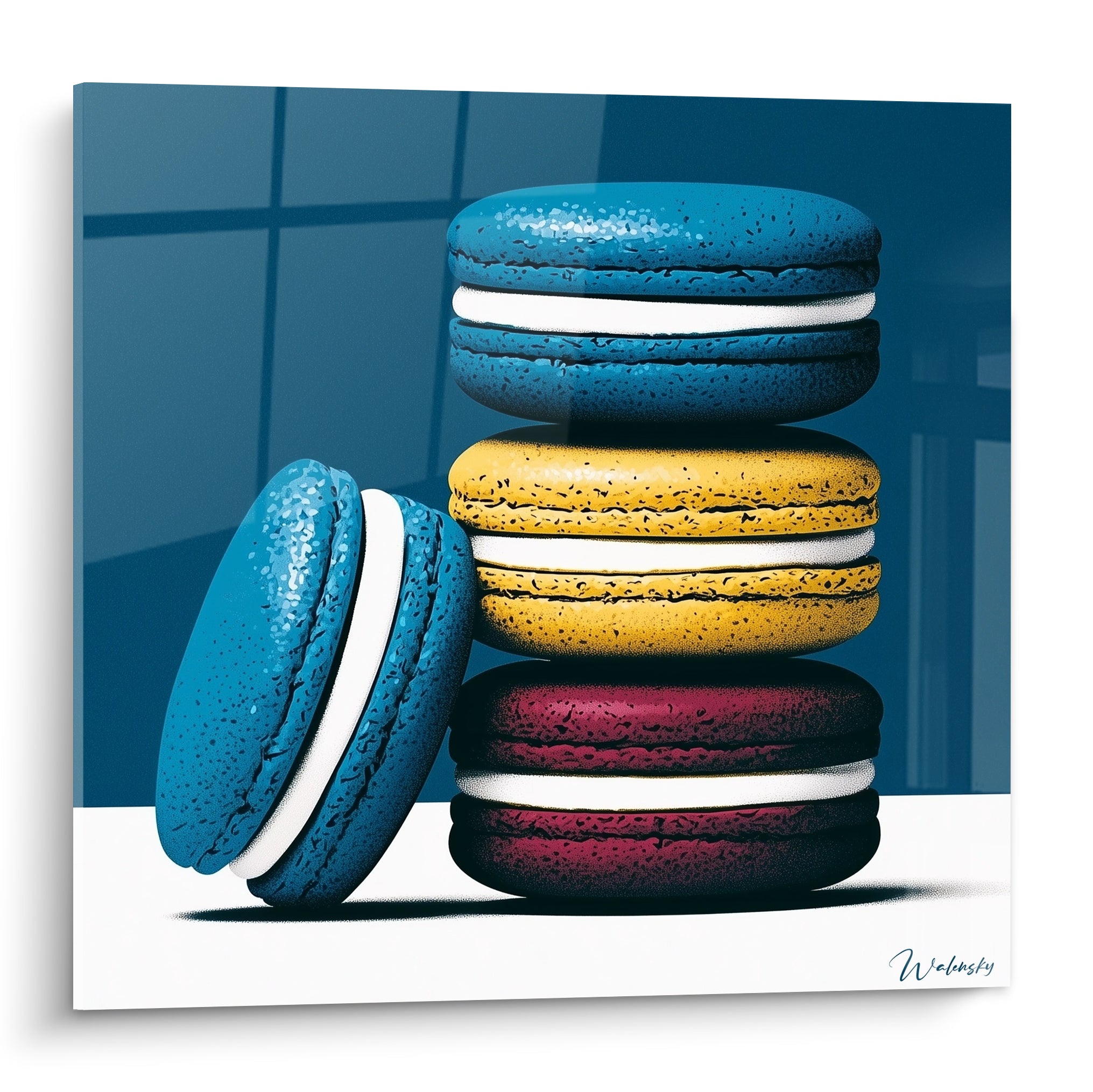 Macarons empilés bleu pétrole, jaune moutarde et bordeaux sur fond bleu graphique
