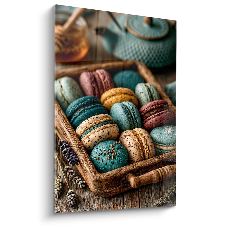 Tableau Plateau rustique bleu sarcelle et brun aux graines de sésame - Théière en fonte et miel - Edition Macaron
