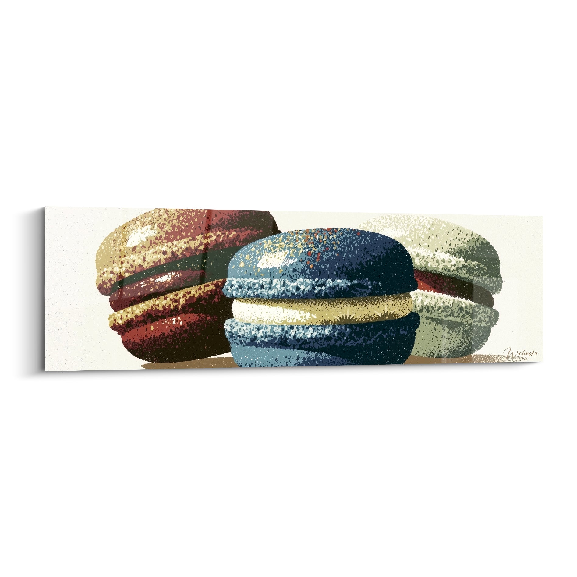 Trois macarons bordeaux, bleu marine et vert sauge à la texture granuleuse et dorée