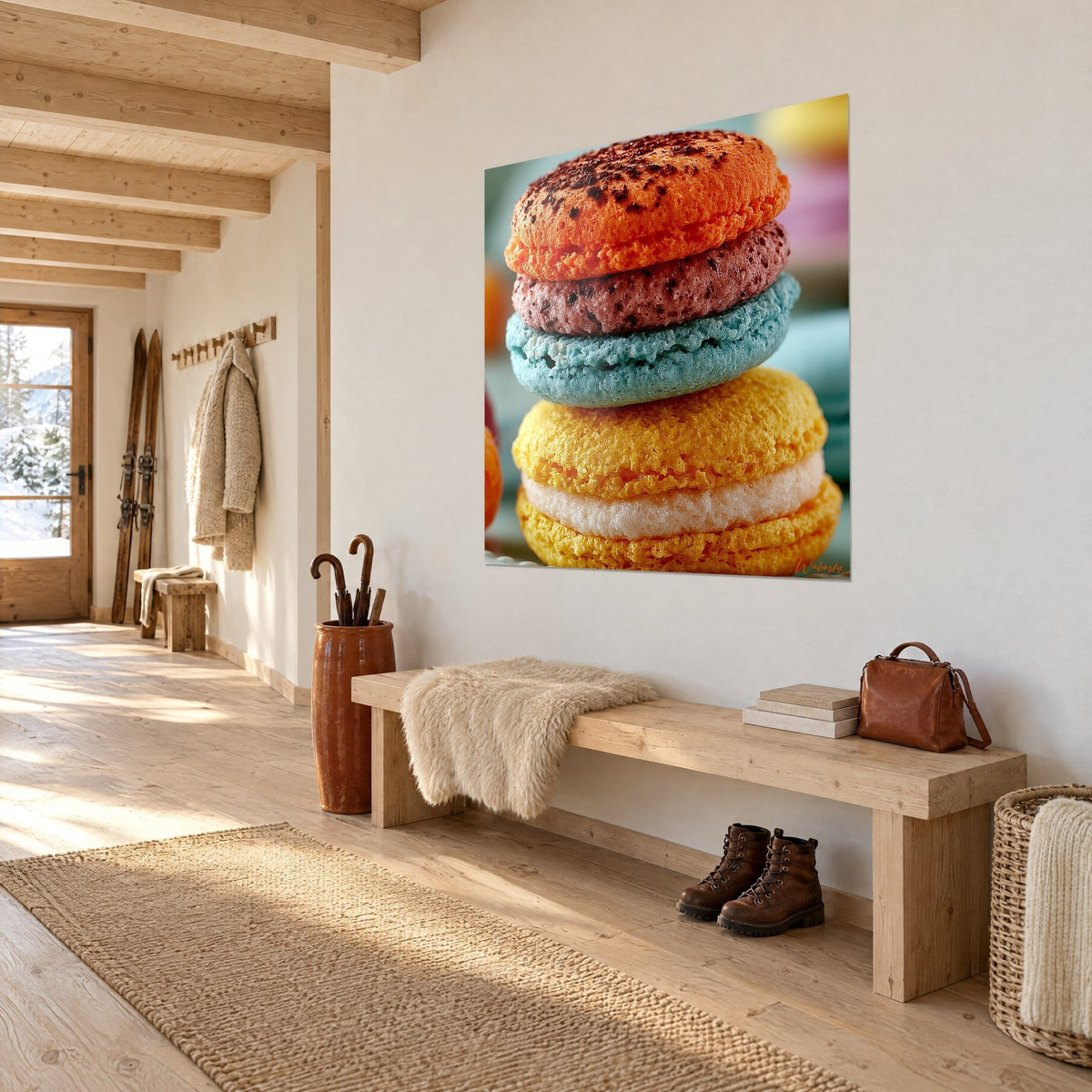 Tableau pile de macarons gourmands, coque safran et crème blanche, accroché en trois-quarts au mur d'une entrée en bois clair