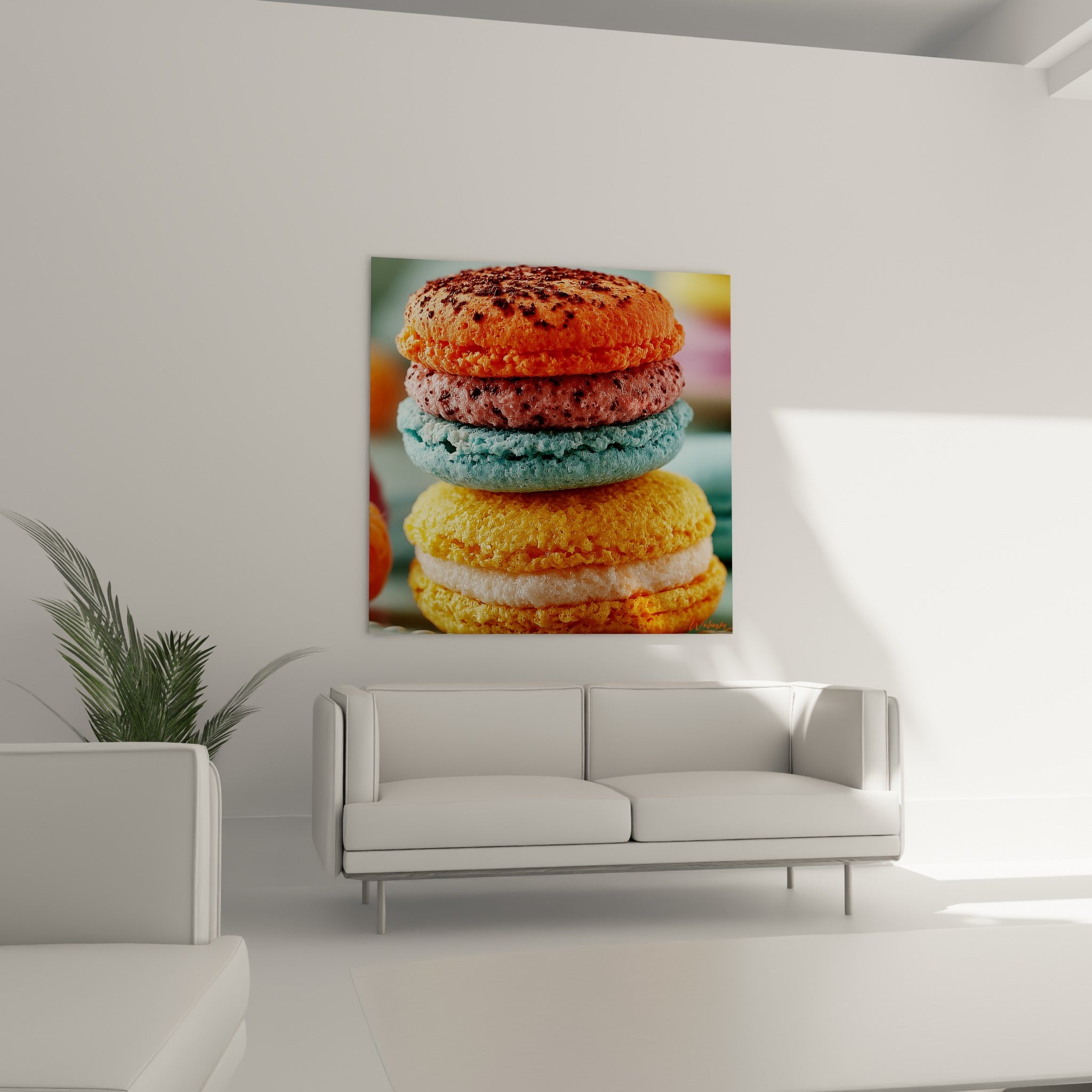 Pile de macarons orange et bordeaux crémeux au-dessus d'un canapé dans un salon lumineux