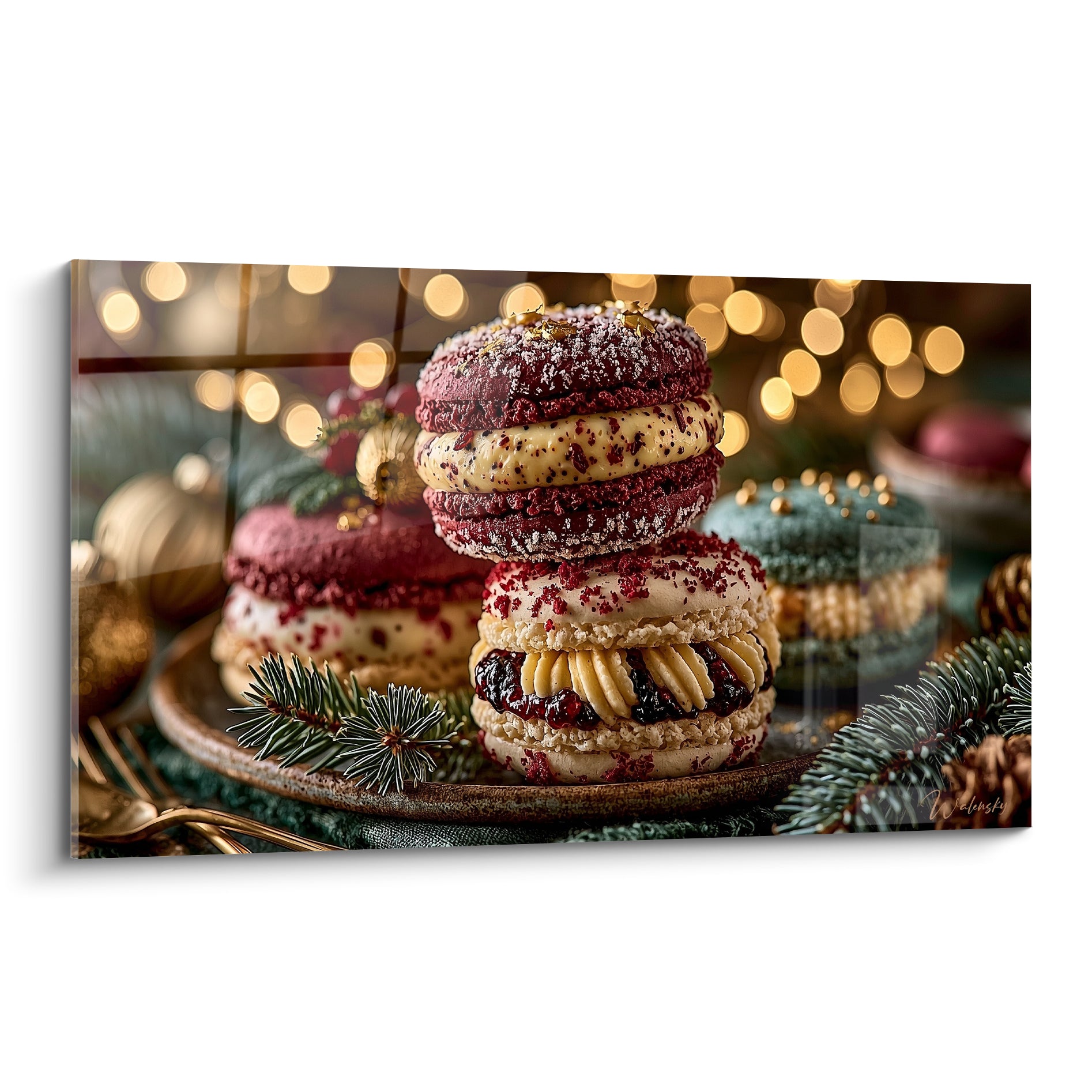 Macarons empilés bordeaux et crème, sucre glace scintillant, lumières dorées floues en arrière-plan