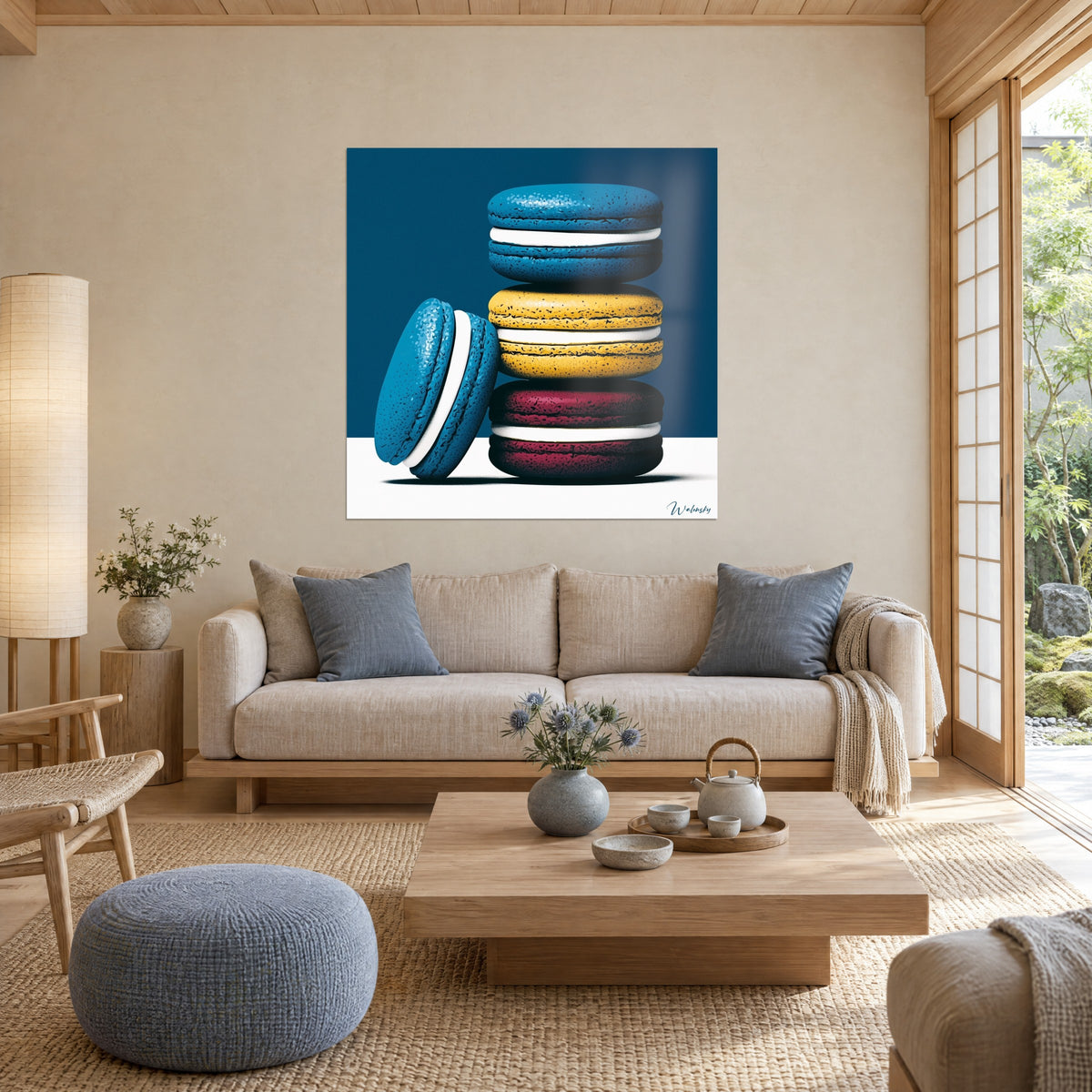 Πίνακας τρίο στοιβαγμένων macarons σε μπλε πετρόλ, κίτρινο μουστάρδας και μπορντό, λευκή κρέμα, πάνω από καναπέ σε φωτεινό σαλόνι