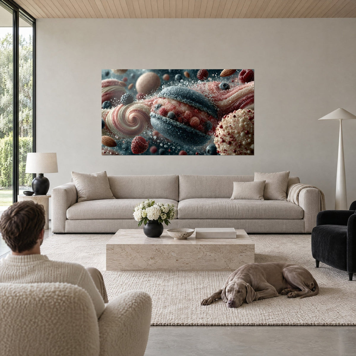 Wall art slate-blue frosted macaron with blackberries and raspberries, floating almonds, above a sofa in a bright living room