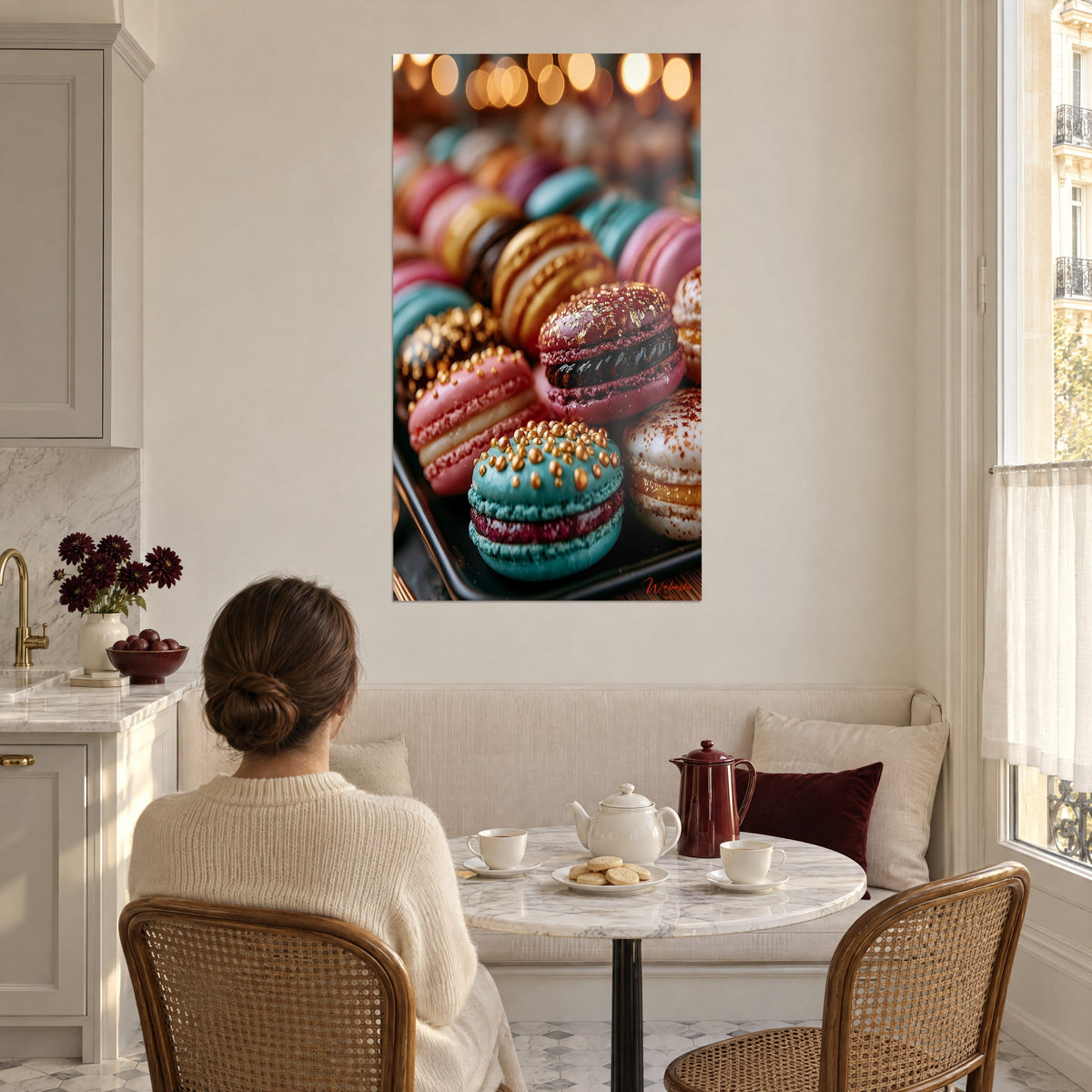 Quadro di assortimento di macarons ambra e bordeaux con riflessi d'oro, donna di spalle seduta al tavolo del tè, cucina in stile haussmanniano