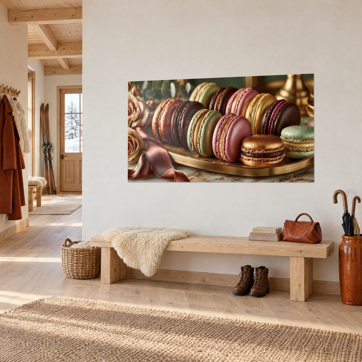 Wall art of an assortment of copper-toned macarons, chocolate and almond green, beige roses along the edge, in a wood-paneled chalet entryway