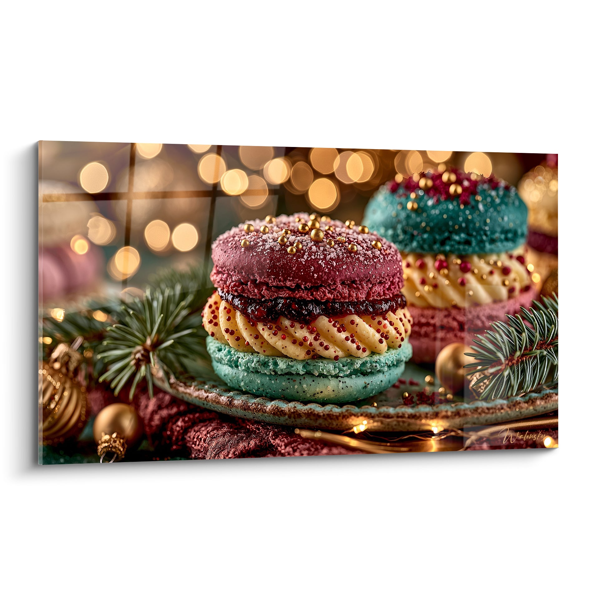 Macaron bordeaux et vert menthe garni de crème et perles dorées scintillantes