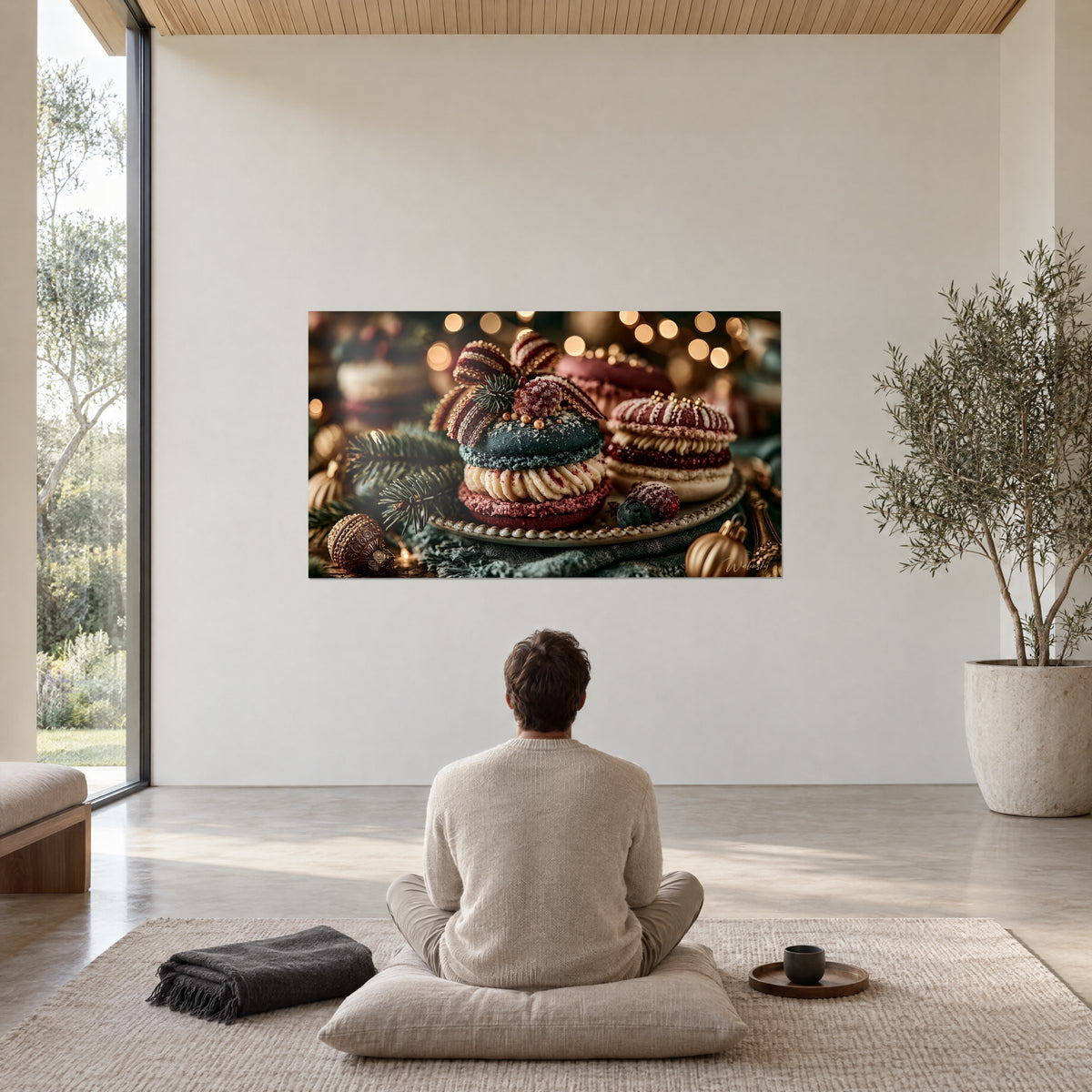 Quadro serata dorata, macarons bordeaux e blu notte, nastri scintillanti, palline ramate, di fronte a un uomo seduto a gambe incrociate in un soggiorno