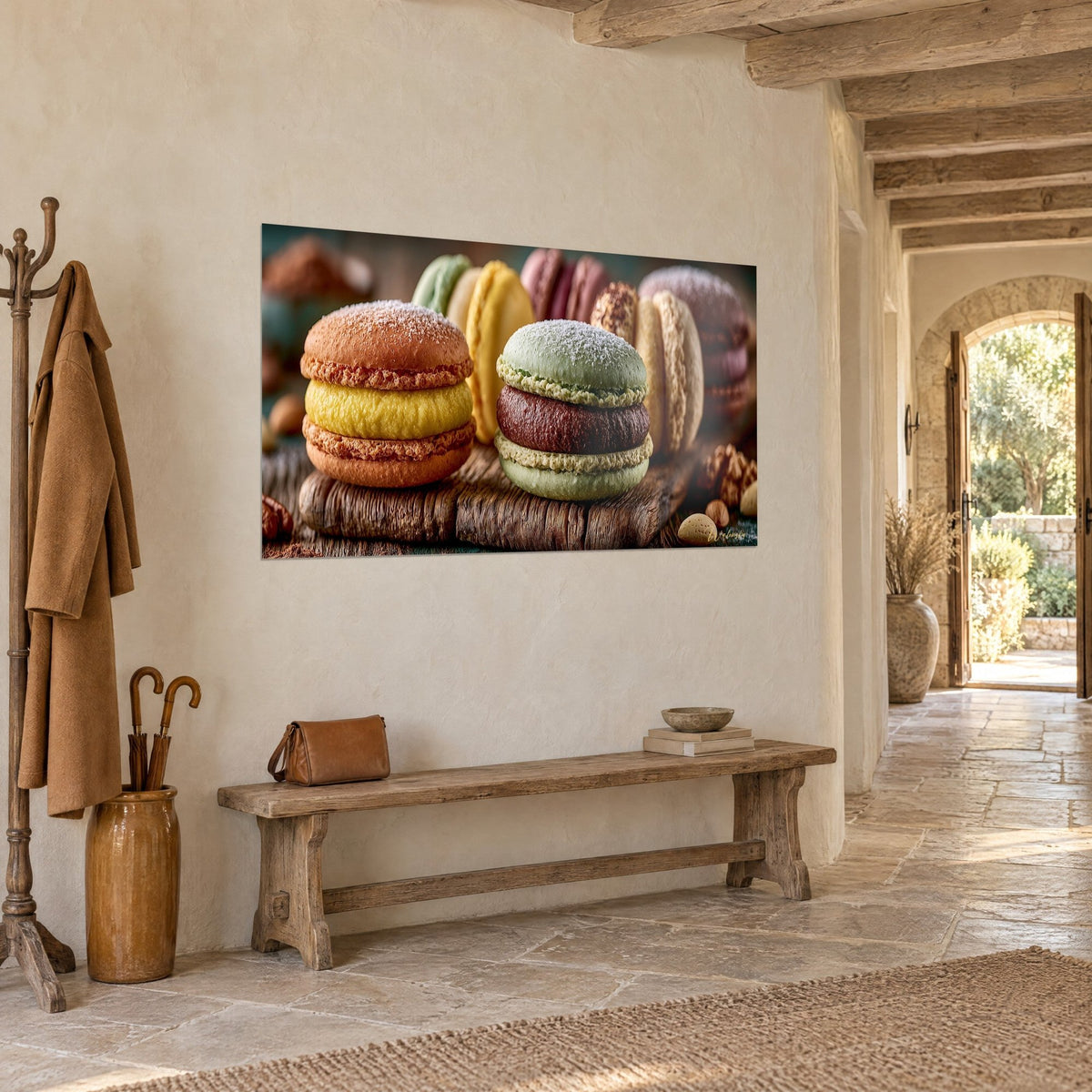 Tableau pâtisseries françaises aux crèmes jaune citron et chocolat, noisettes éparses, sur un mur de pierre claire en vue de trois-quarts