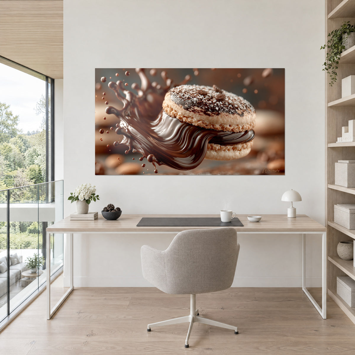Wall art crisp shell and stream of liquid cocoa, beige and chocolate tones, hung on a white wall above a light desk