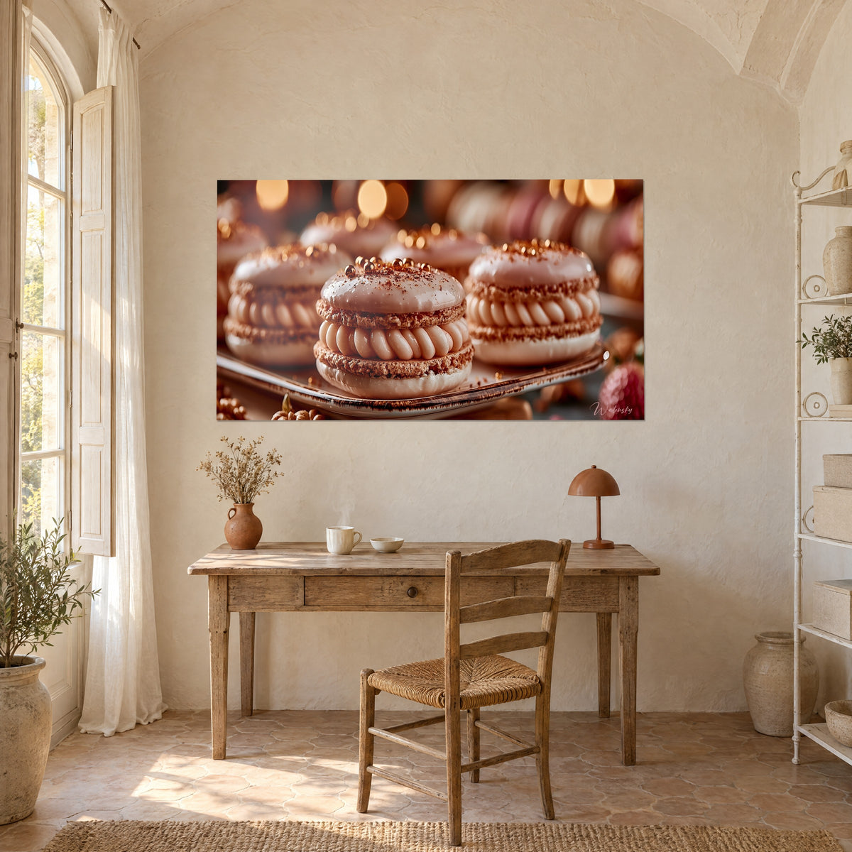 Gemälde Macarons mit blassrosa Glasur überzogen, kupferfarbene Glitzerpartikel und bernsteinfarbenes Licht, cremefarbene Wand eines Büros aus hellem Holz