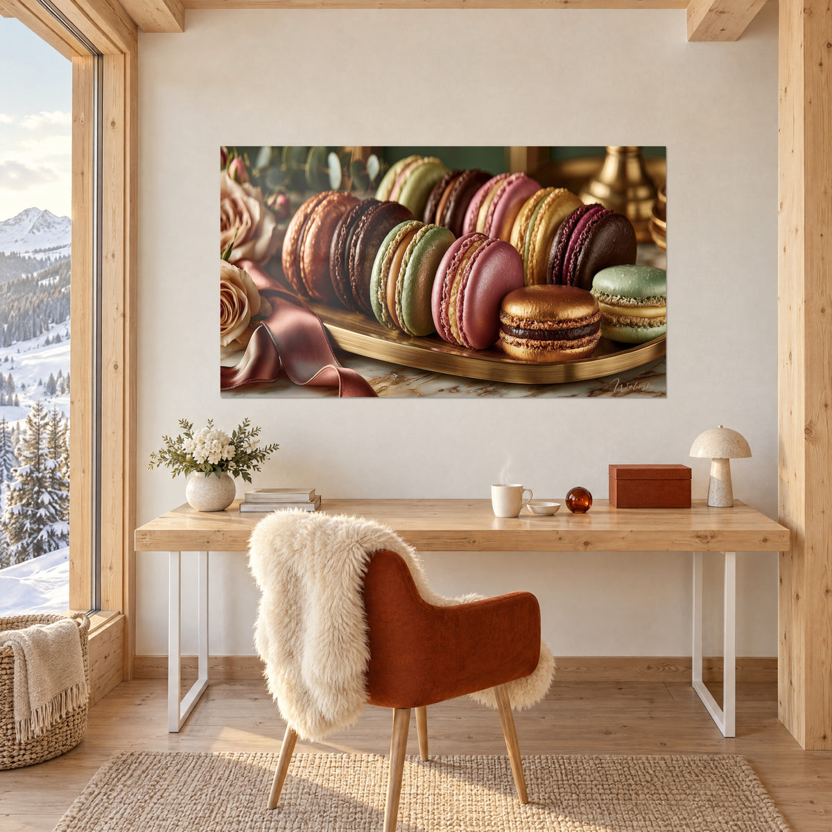 Wall art of fine pastries with raspberry, pistachio and caramel shells, gleaming gold tray, white wall of a chalet office