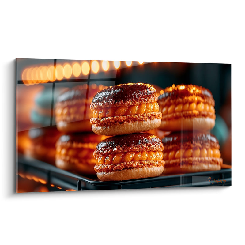 Tableau Macaron ambré et brun sur grille métallique - Guirlande lumineuse floutée - Edition Macaron