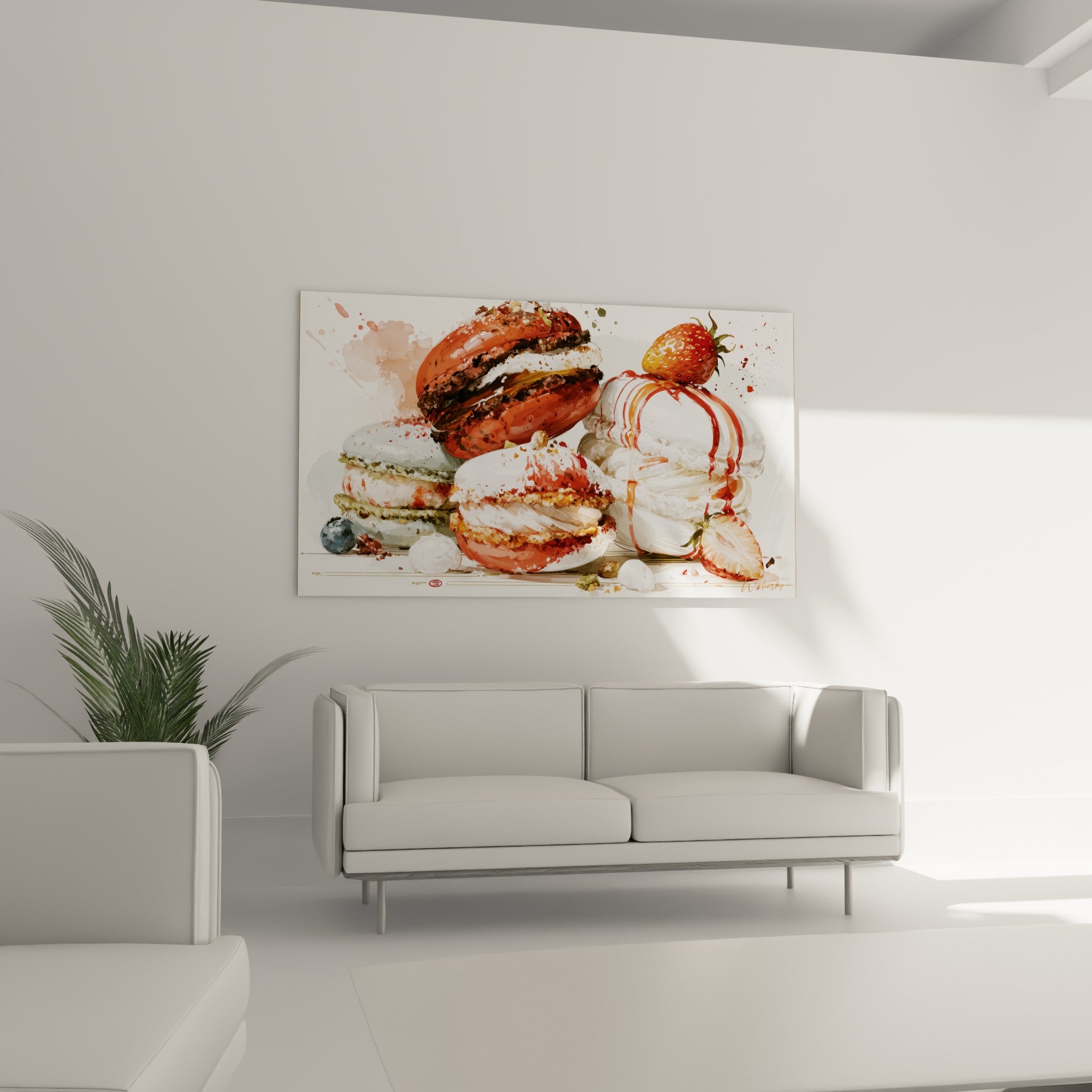 Empilement de macarons blancs et terracotta avec fraises rouges, au-dessus d'un canapé dans un salon lumineux