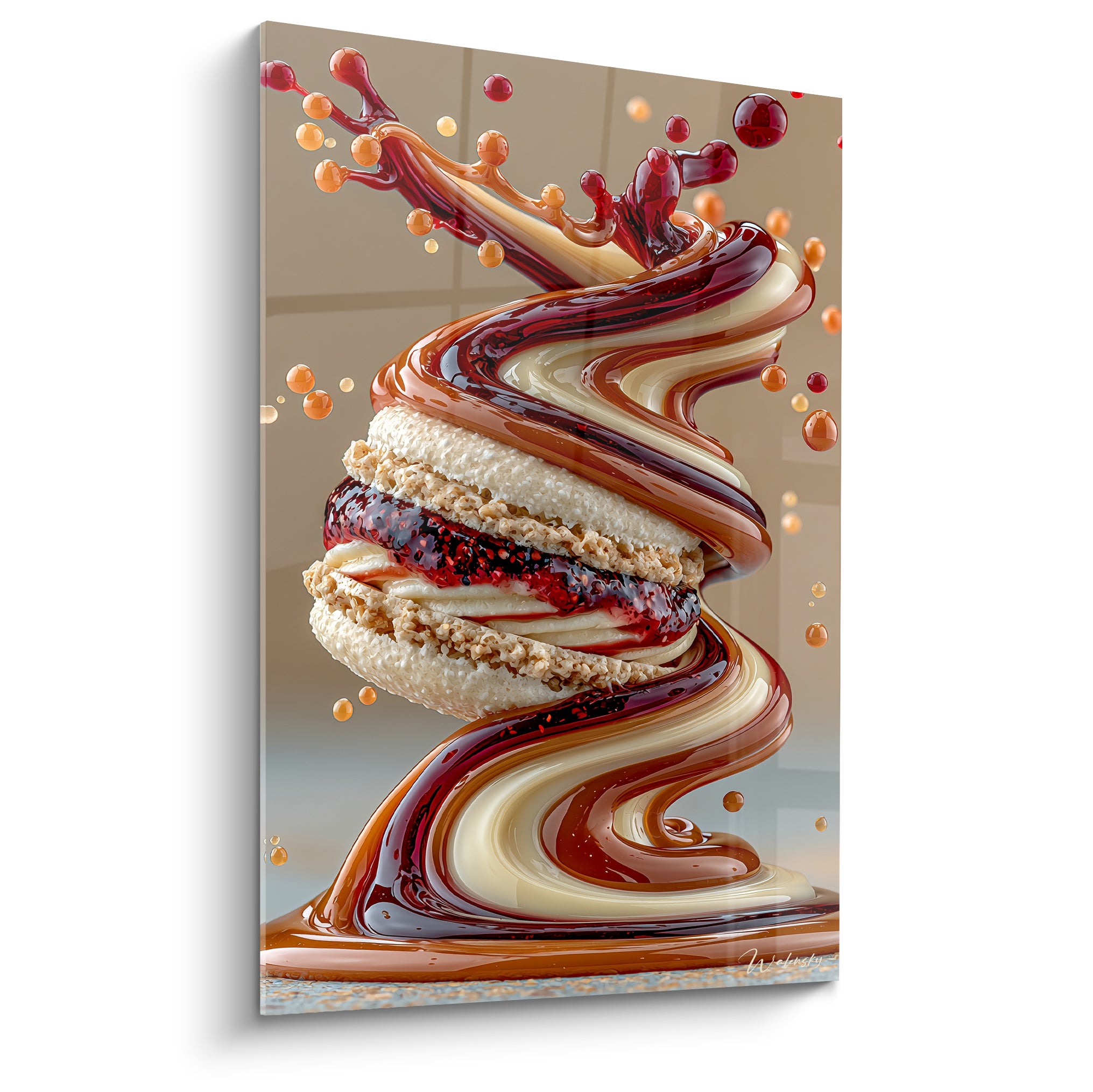 Macaron beige entouré de coulures caramel et bordeaux en spirale sur fond neutre