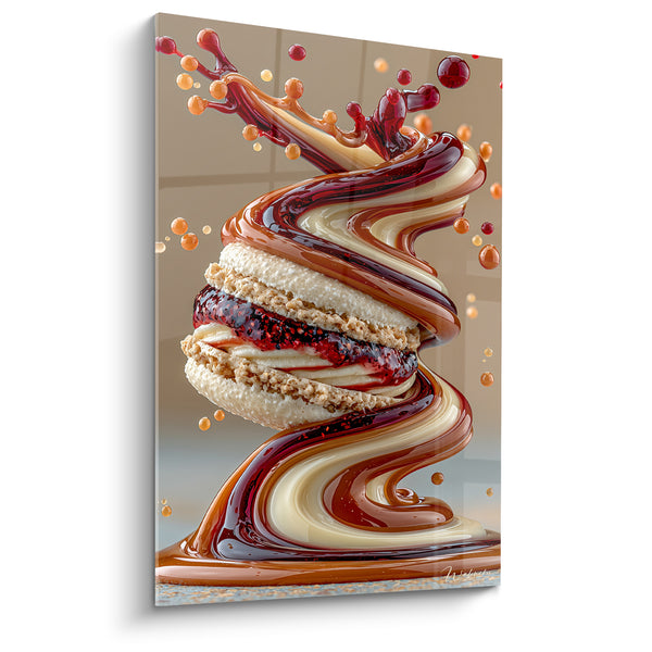 Ivory and Garnet Macaron Painting with Swirling Vortex - Suspended Golden Droplets - Macaron Edition