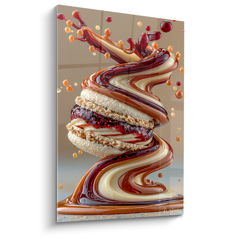 Tableau Macaron ivoire et grenat en spirale tourbillonnante - Gouttes suspendues dorées - Edition Macaron