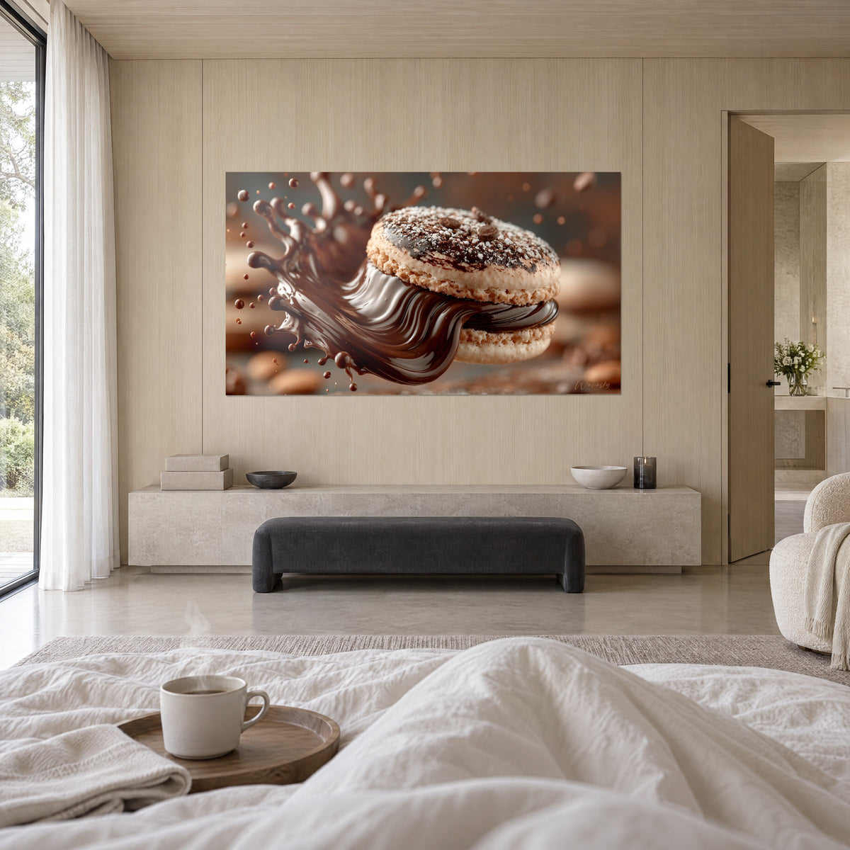 Wall art round pastry with dark cocoa pour, brown splash on a caramel background, above a bed in a light bedroom