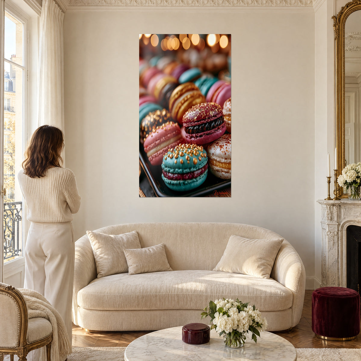 Quadro di macarons turchesi e bordeaux punteggiati d'oro, donna di spalle davanti, sopra un divano in un soggiorno luminoso