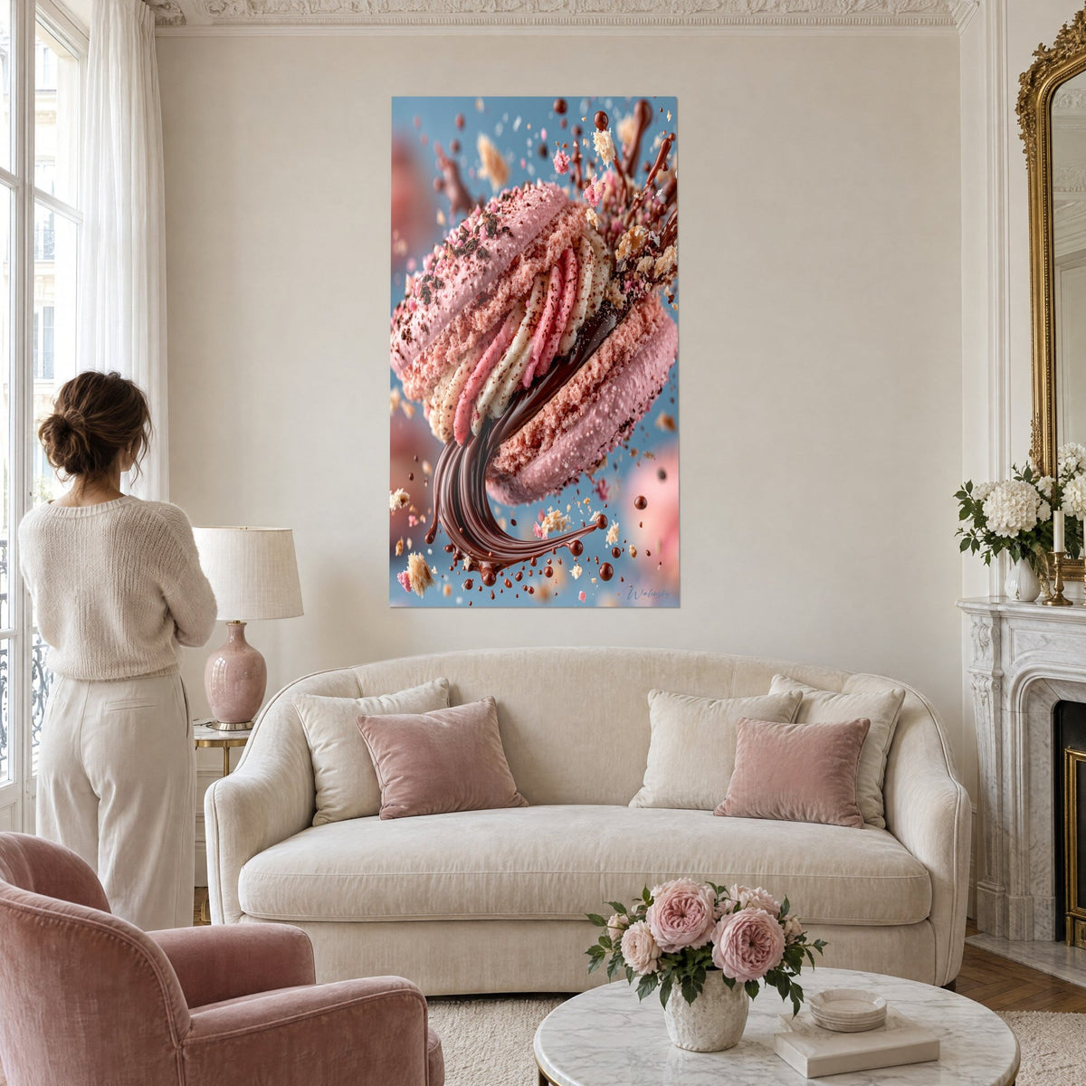 Gemälde riesiges rosa-cremefarbenes Macaron mit Schokoladenganache überzogen, schwebende Glanzpartikel, über einem Sofa in einem hellen Wohnzimmer