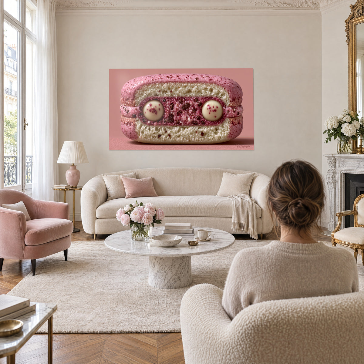 Gemälde Macaron in Rosa im Schnitt, Füllung in Granatrot und elfenbeinfarbene Perlen, über einem Sofa in einem hellen Wohnzimmer