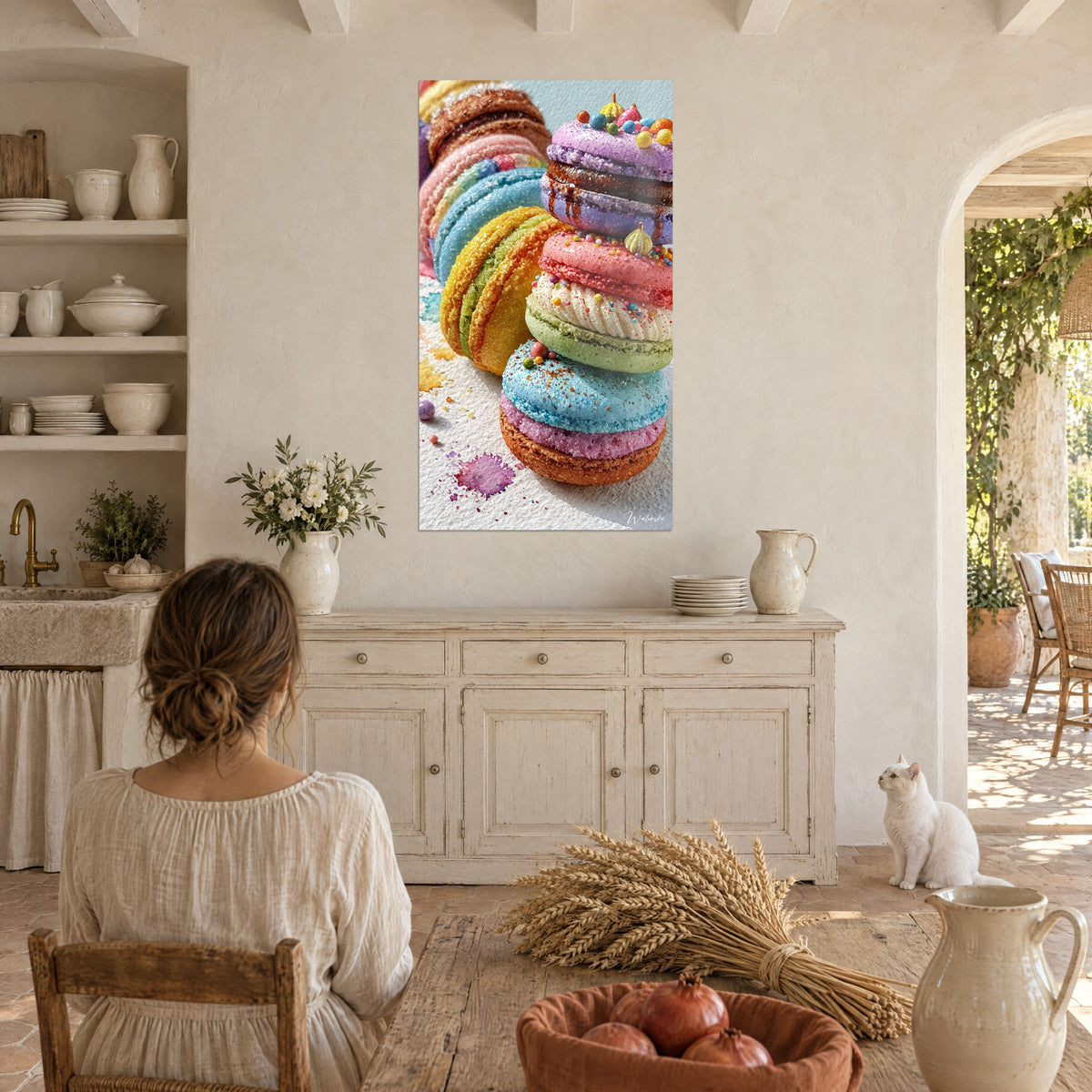 Cuadro de postre de pastelería con cáscaras amarillas y rosas, chorreado de chocolate marrón, pared blanca, mujer de espaldas y gato blanco