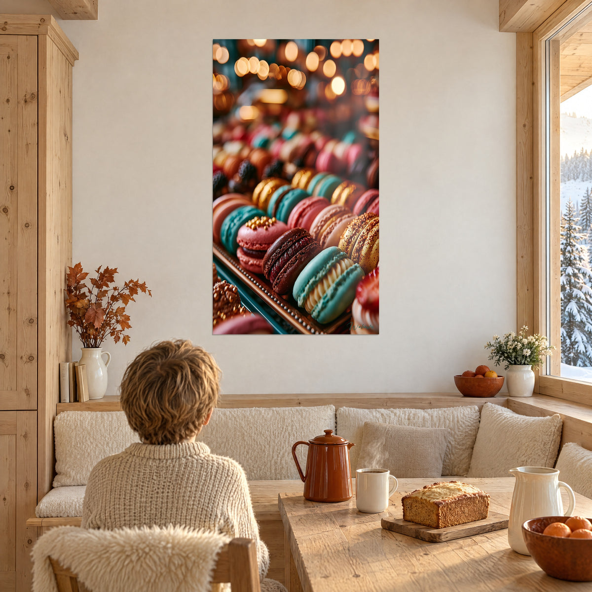Cuadro hilera de macarons de chocolate, turquesa y rosa empolvado, reflejos dorados, un niño de espaldas sentado junto a una mesa de madera