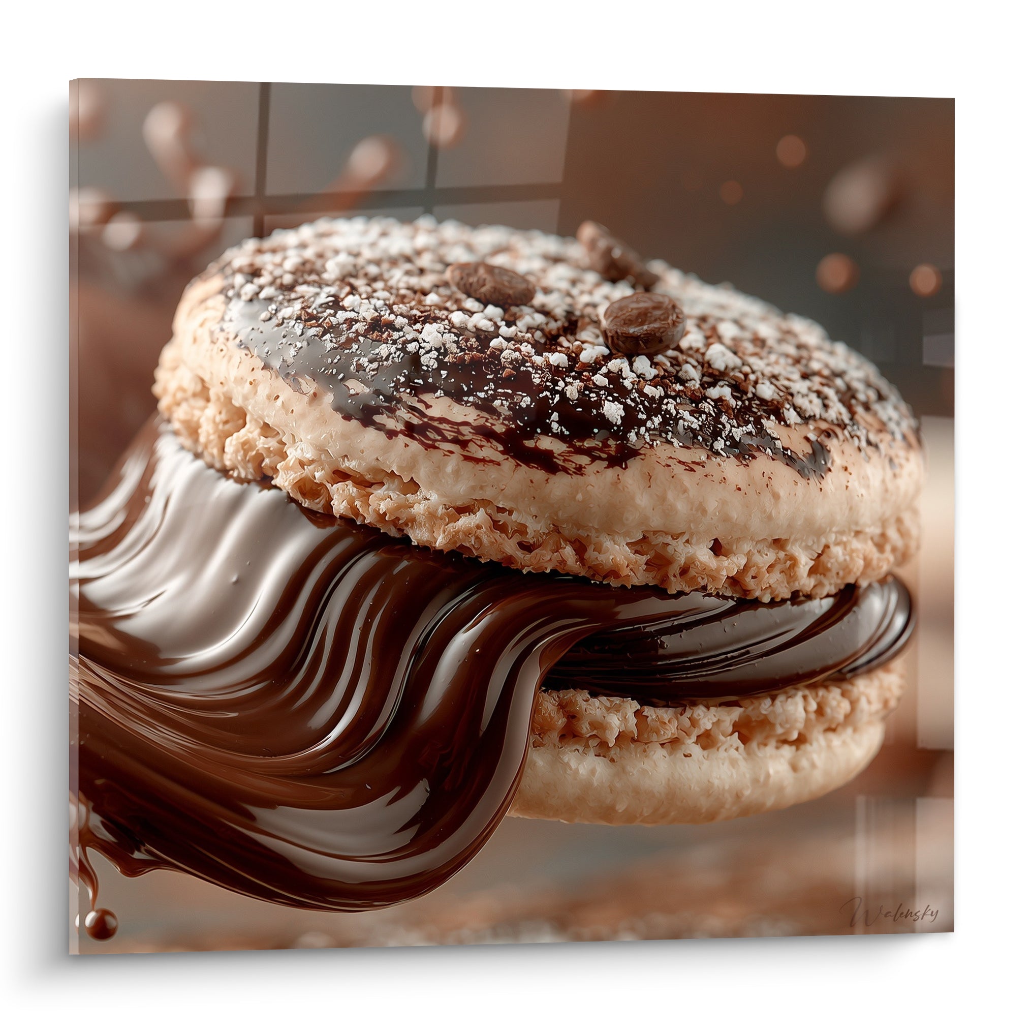 Macaron beige à ganache brune coulante, saupoudré de sucre glace et grains de café