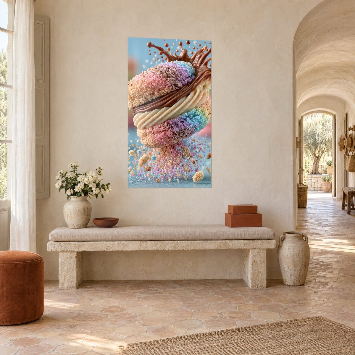 Tableau pâtisserie en suspension, coques turquoise et rose grumeleuses, chocolat fondu, miettes dorées, sur un mur de mas provençal