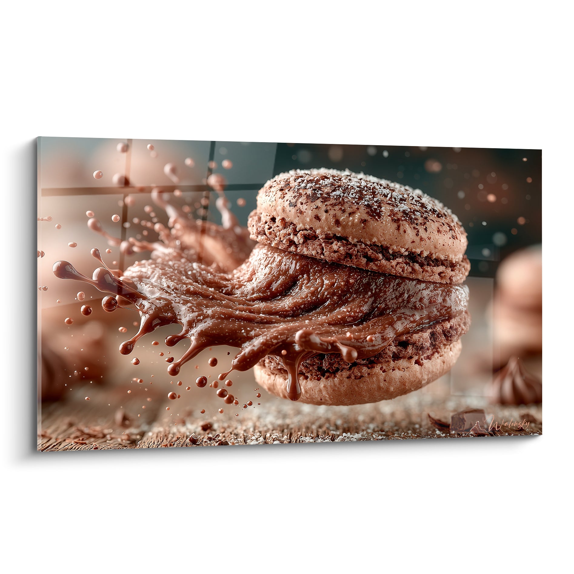 Macaron chocolat brun et rose poudré avec coulure éclaboussée en plein mouvement