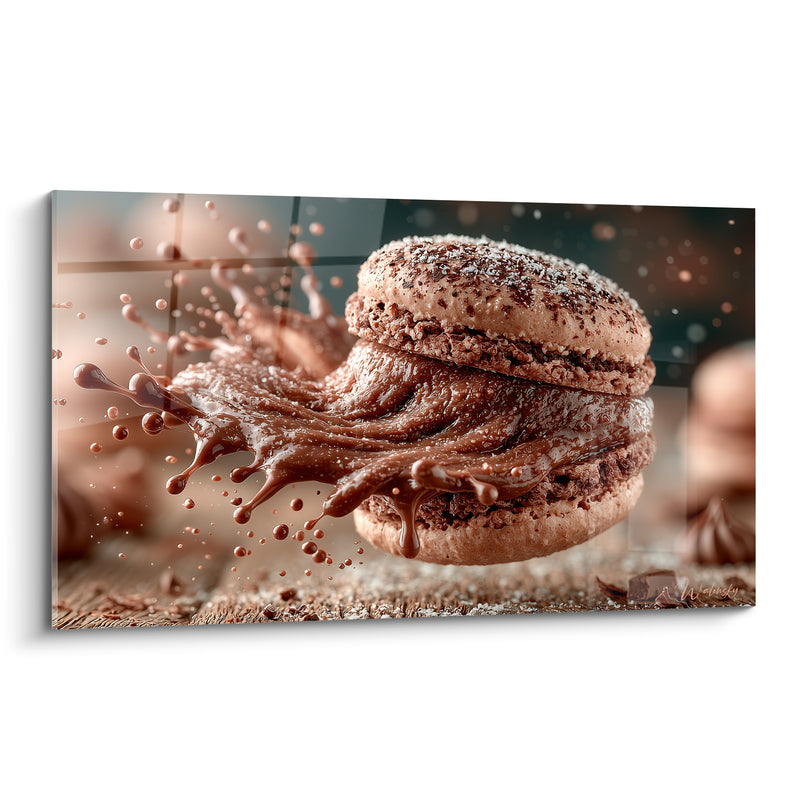 Tableau Macaron beige et brun aux gouttelettes suspendues - Copeaux de chocolat - Edition Macaron