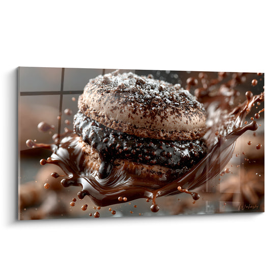 Macaron chocolat et beige avec éclaboussure brune figée en plein mouvement gourmand